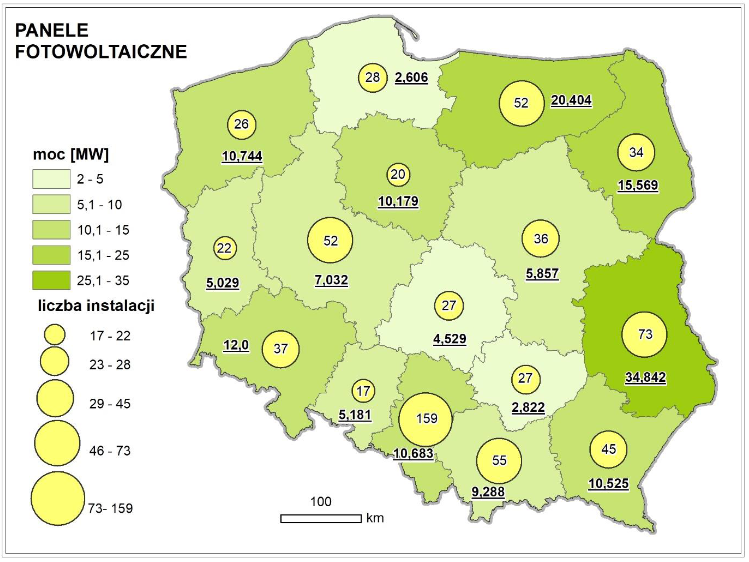 Moc - panele fotowoltaiczne - dane na 2019 rok - żródło gov.pl - mapa